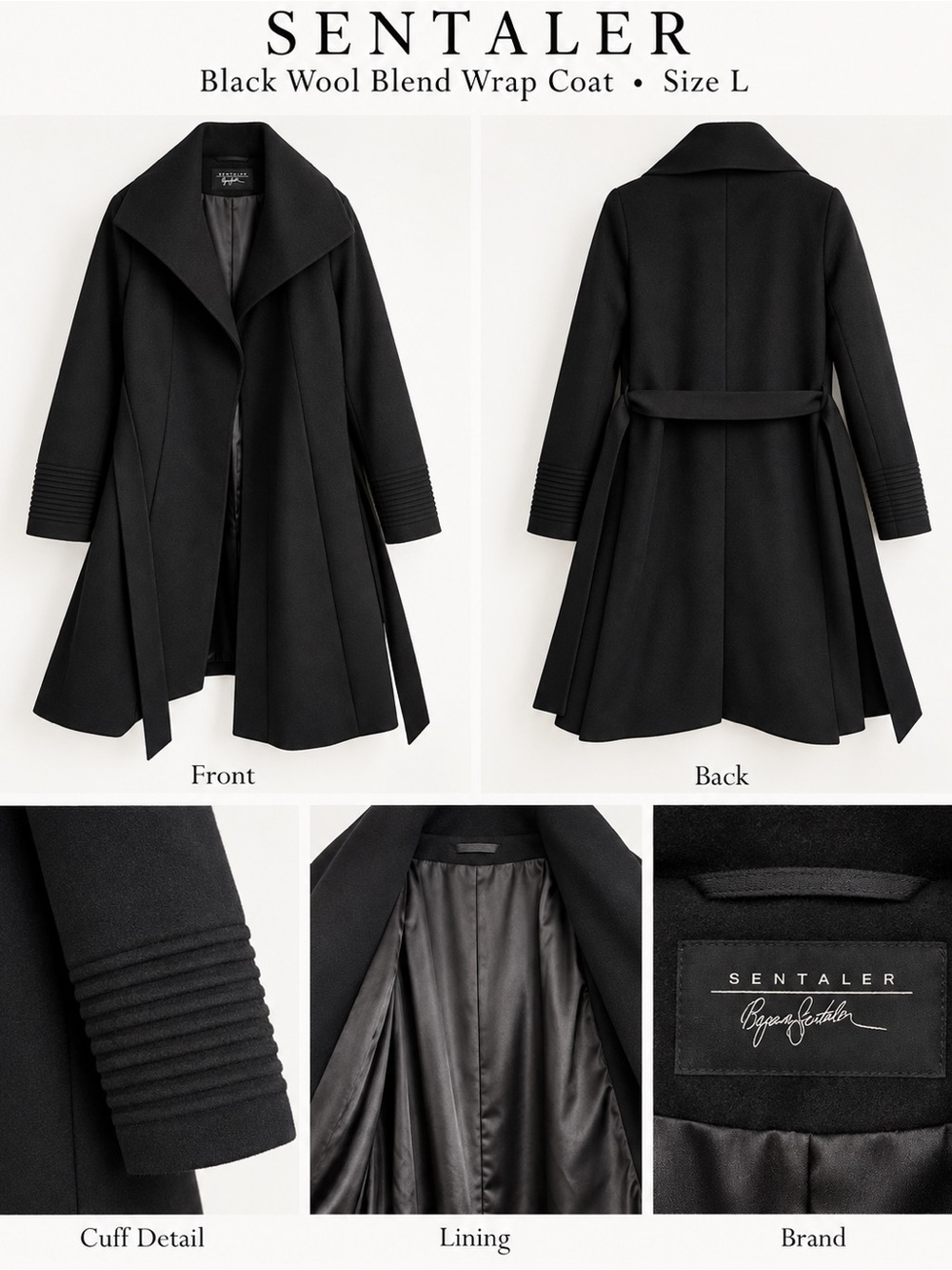 Sentaler Black Wool Alpaca Blend Wrap Coat Size L